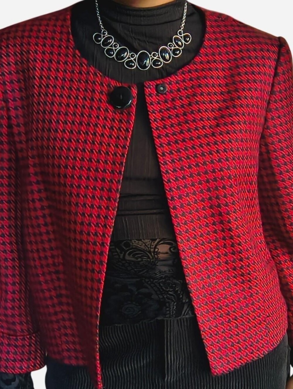 Larry Levine Red & Black Houndstooth Cropped Jacket XL